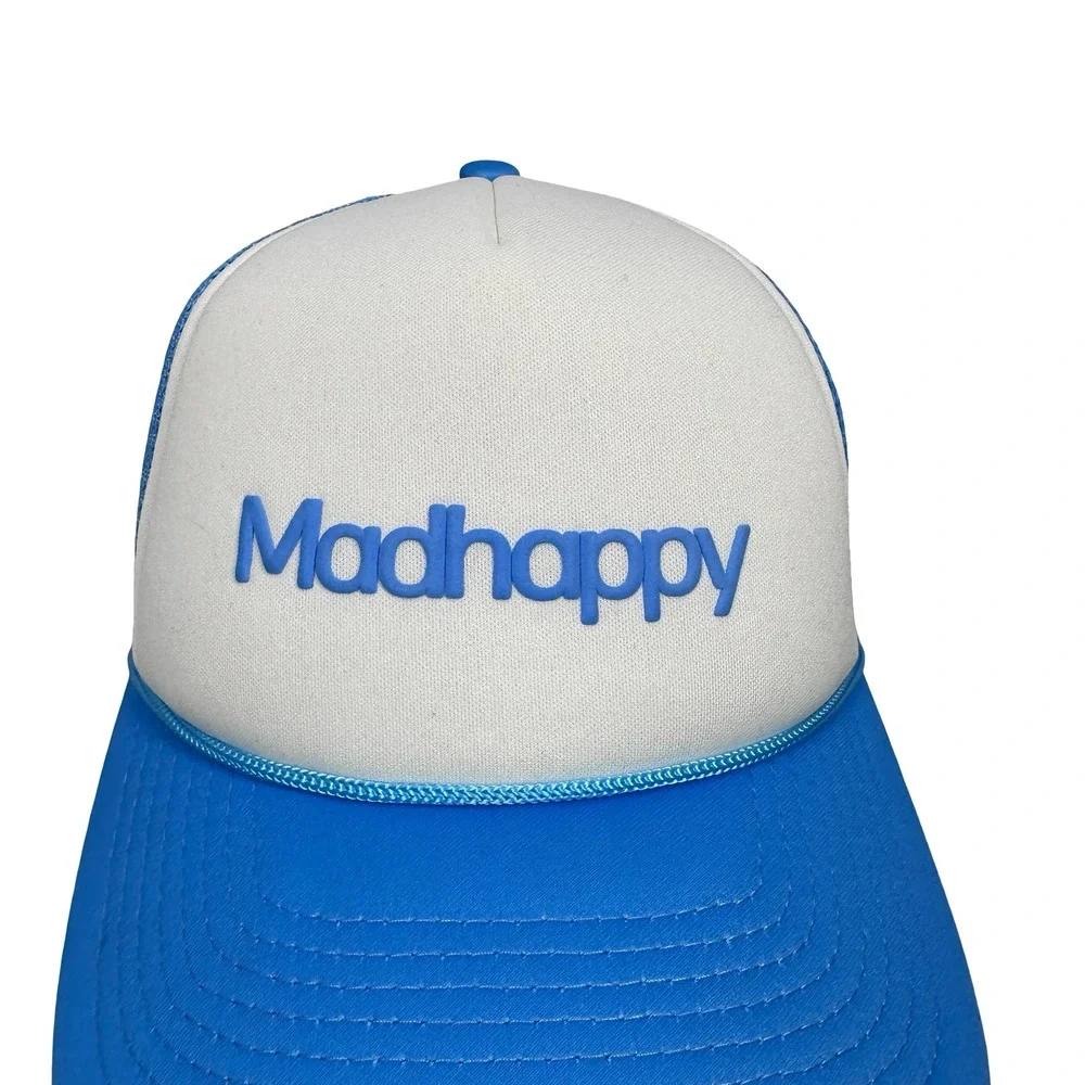 Madhappy Blue White Trucker Hat‎ Mesh Snapback Puff Print Logo Rope Detail